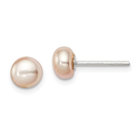 925 Sterling Silver Peach FW Cultured Pearl 5-6mm Button Earrings - Picture 1 of 6